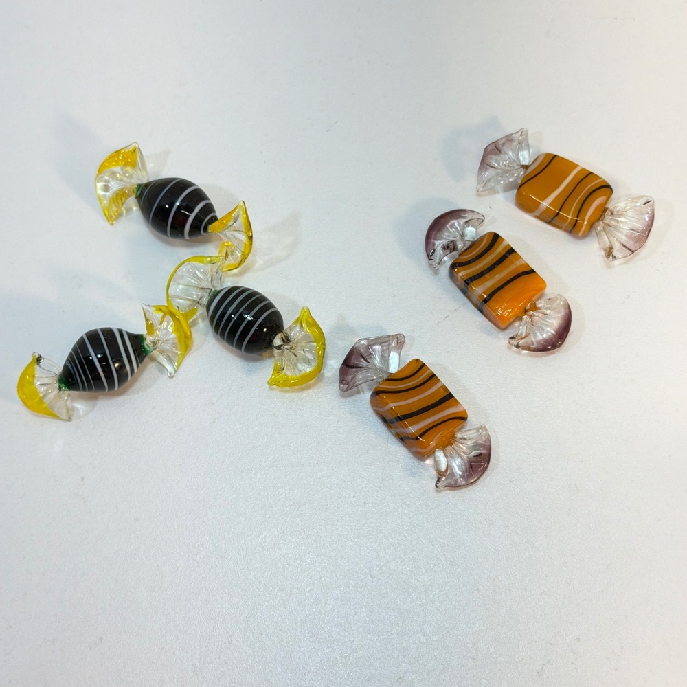 Art Glass Candy Set 6 Pieces Brown Black Striped Hand Blown Decor Vintage